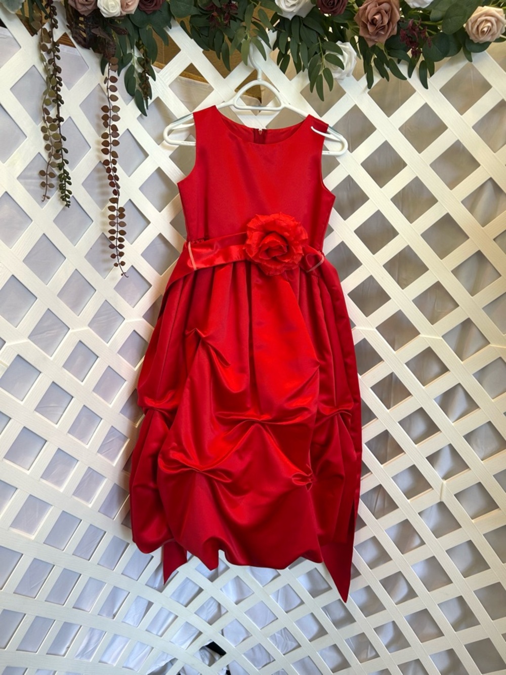AMJ Dresses Red Satin Girls Formal Dress Rose Sash Holiday Party Size XL 14 16